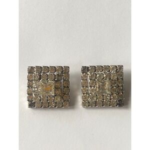 Vintage Square Rhinestone Clip On Earrings Silver Tone Mid Century Statement
